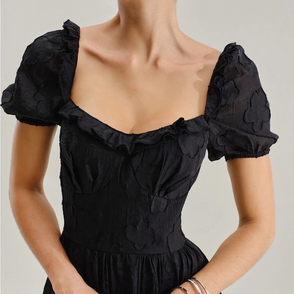 Black Square Neck Puffed Sleeve Midi Dress - Picture 2 of 8